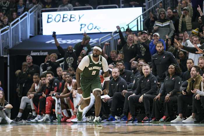 Milwaukee Bucks forward Bobby Portis (9) reacts after scoring a basket 
